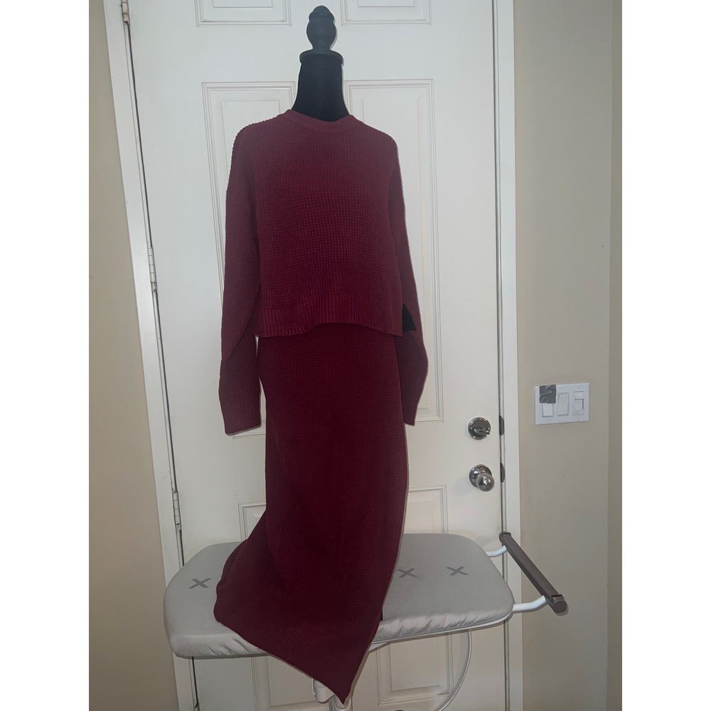 Lulus Burgundy Waffle Knit Two Piece Sweater Set Cropped Top Maxi Skirt NWT